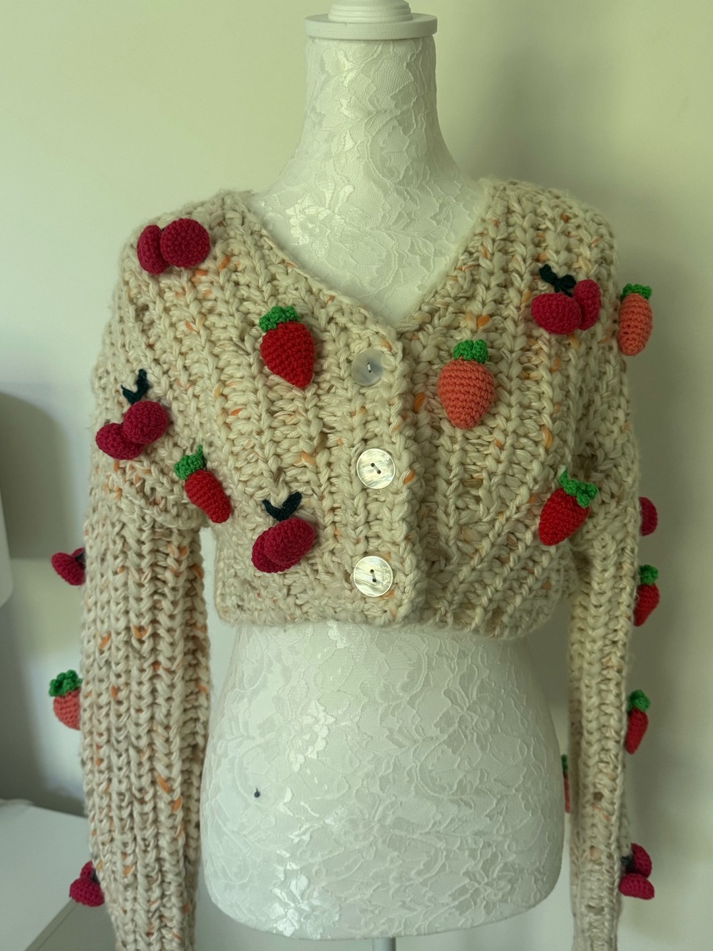 NWT Free People Cream Crochet Crop Cardigan with Strawberry and Cherry Accents